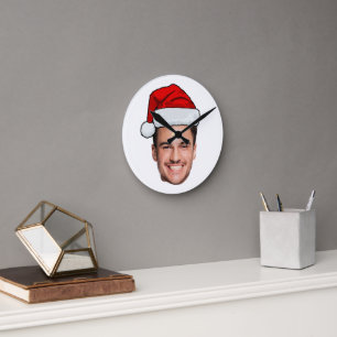 Custom Face Photo Santa Hat Christmas Round Clock