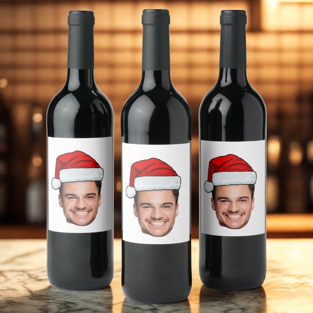 Custom Face Photo Santa Hat Christmas Wine Label (Creator Uploaded)