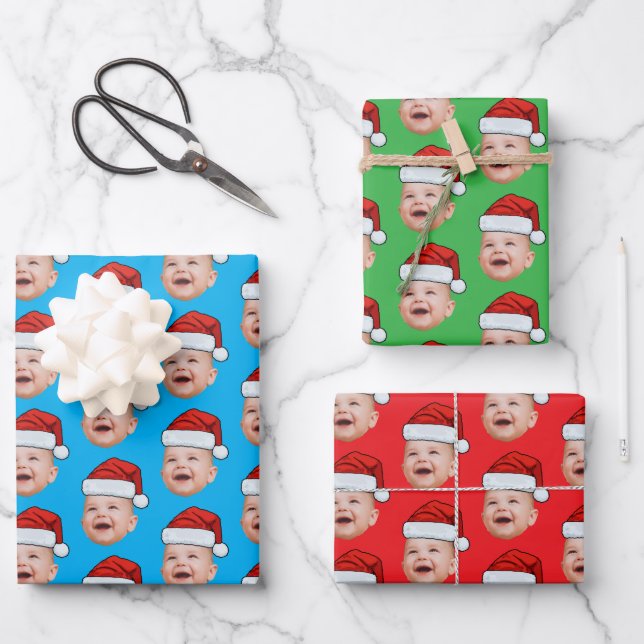 Custom Face Photo Santa Hat Christmas Wrapping Paper Sheet (Front)