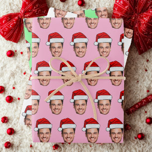 Custom Face Photo Santa Hat Unique Gift Pink Wrapping Paper Sheet