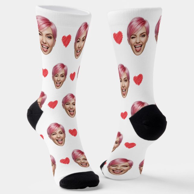 Custom Face Photo with Red Hearts – Funny Gift Socks (Angled)