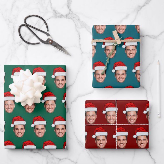 Custom Face Photo with Santa Hat | Unique Gift  Wrapping Paper Sheet (Front)