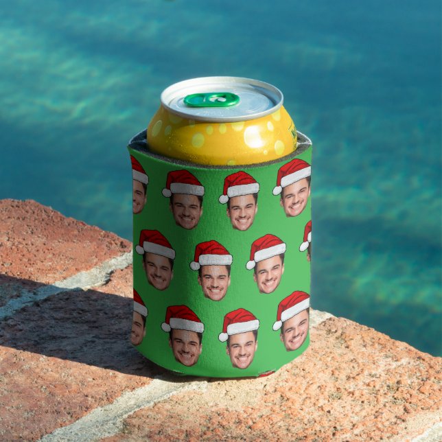 Custom Face Santa Hat Christmas Green Can Cooler (In Situ Pool)