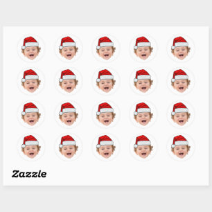 Custom Face Santa Stickers, Face Photo Santa Hat Classic Round Sticker