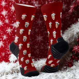 Custom Face Socks, Santa Hat Family 4 Faces Red  Socks