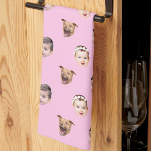 Custom Face, Unique Family Gift 3 Photos Face Pink Kitchen Towel