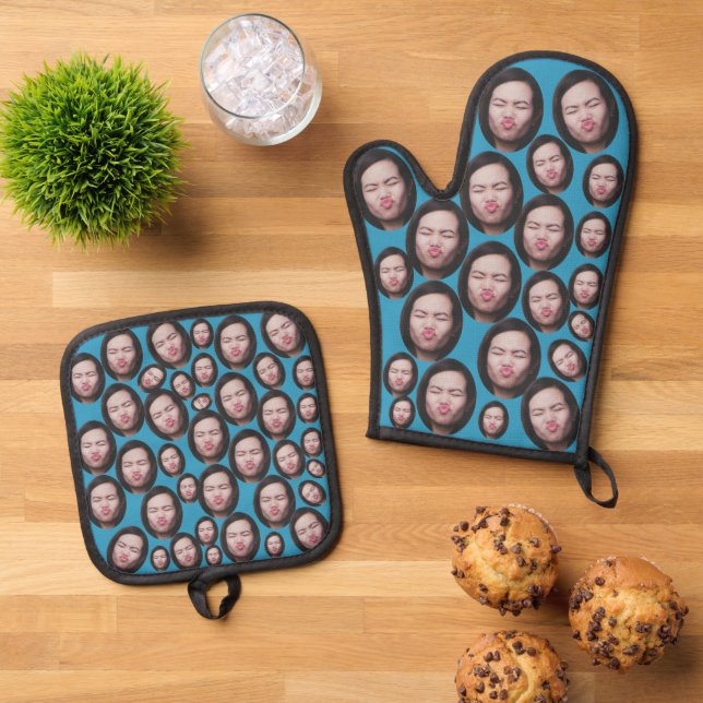 Custom Faces Photo Baking Gift Kitchen Cooking BBQ Oven Mitt & Pot Holder Set (Top Down)