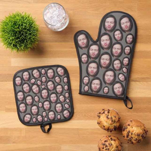 Custom Faces Photo Baking Gift Kitchen Cooking BBQ Oven Mitt & Pot Holder Set (Top Down)