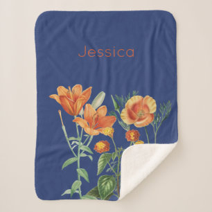 Custom Fall Autumn Watercolor Orange Floral Blue  Sherpa Blanket