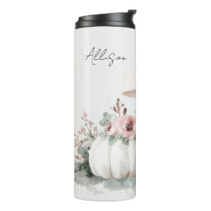 custom fall design with flowers and pumpkins thermal tumbler