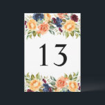 Custom Fall Floral Wedding Table Number Cards<br><div class="desc">Custom Fall Floral Wedding Table Number Cards. Design features beautiful watercolor flowers in shades of yellow orange,  peach,  blue,  and burgundy red with greenery accents. Black table number text should be customized for each number needed.</div>