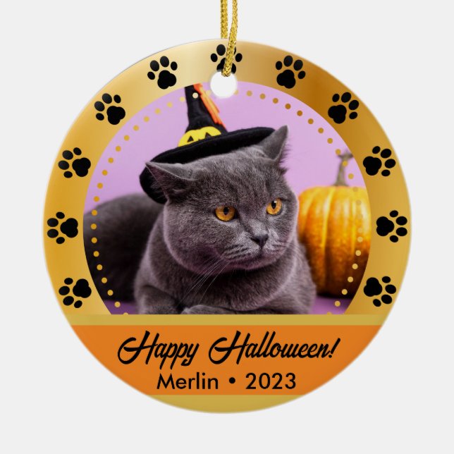 Custom Fall Halloween Photo Name Year Pet Ornament (Front)