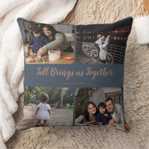 Custom Fall Leaves Family Photos with Name & Quote Throw Pillow
