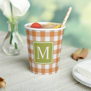 Custom Fall Pumpkin Orange Gingham Pattern Paper Cups