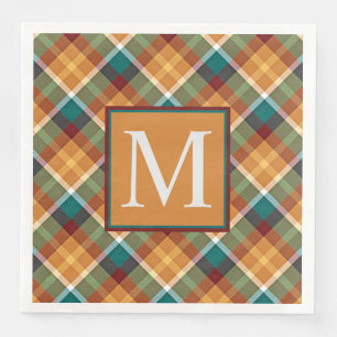 Custom Fall Pumpkin Orange Leaves Green Plaid Napkin