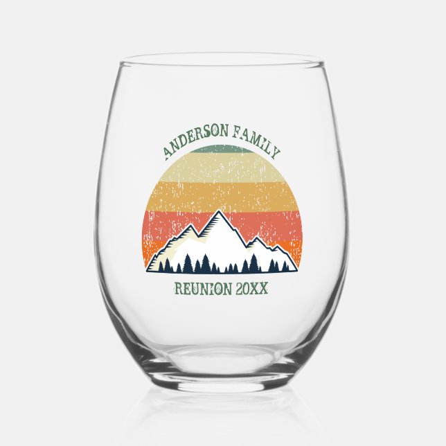 Custom Fall Retreat Sunset Mountain Party Stemless Wine Glass (Front)