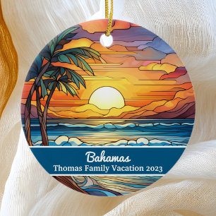 Custom Family Bahamas Vacation Faux Stained Glass Ceramic Ornament