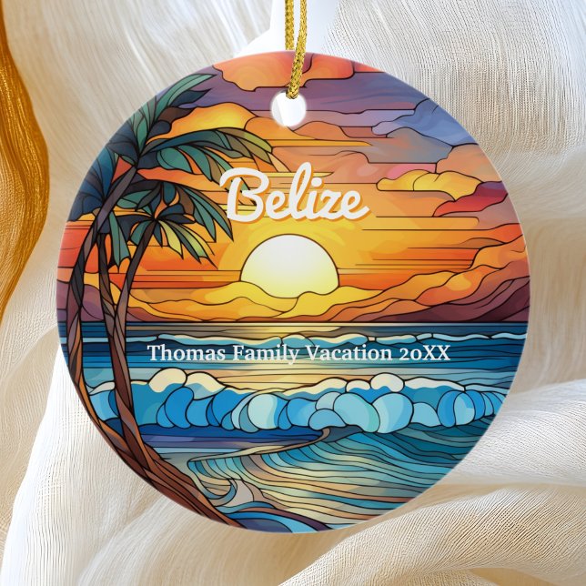 Custom Family Belize Vacation Faux Stained Glass Ceramic Ornament (Creator Uploaded)