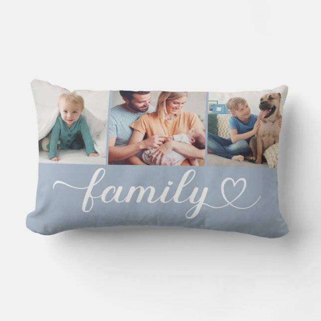 Custom Family Blue Heart Script 3 Photo Collage Lumbar Pillow (Front)