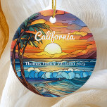 Custom Family California Trip Faux Stained Glass Ceramic Ornament<br><div class="desc">Cute personalizable tropical Trip souvenir.

Customization:
Change Caption and year to make it unique.</div>