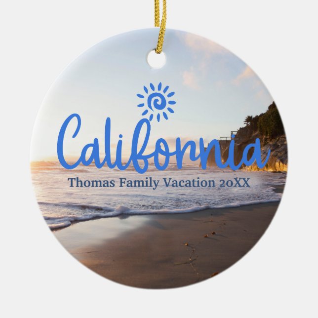 Custom Family California Vacation Christmas Tree Ceramic Ornament (Front)