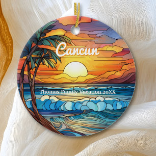 Custom Family Cancun Vacation Faux Stained Glass Ceramic Ornament