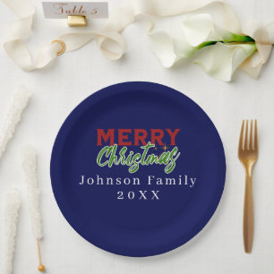 Custom Family Christmas Blue Paper Plate