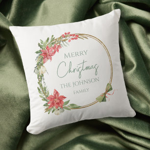 Custom Family Christmas Botanical Golden Wreath Throw Pillow