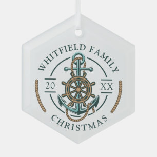 Custom Family Christmas Nautical Holiday Glass Ornament