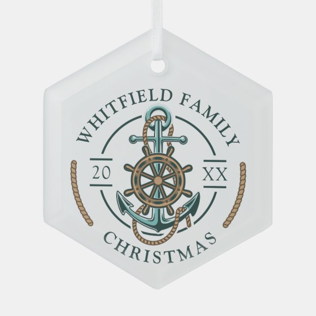 Custom Family Christmas Nautical Holiday Glass Ornament (Front)