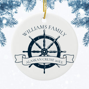 Custom Family Cruise Ship Nautical Wheel Monogram Ceramic Ornament