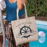 Custom Family Cruise Ship Nautical Wheel Vacation Tote Bag<br><div class="desc">Chic custom summer vacation tote bag gift for your beach cruise on the ocean featuring a navy blue boat steering wheel. This nautical themed design is perfect for classy matching family reunion bags to commemorate the special trip. Personalize with your last name and year.</div>