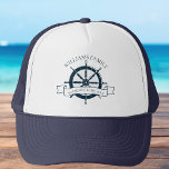 Custom Family Cruise Ship Nautical Wheel Vacation Trucker Hat<br><div class="desc">Chic custom summer vacation cap for your beach cruise on the ocean featuring a navy blue boat steering wheel. This nautical themed hat is perfect for classy matching family reunion keepsakes to commemorate the special trip. Personalize with your last name and year.</div>