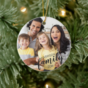 Custom FAMILY (dark text) 2-Photo Keepsake Ceramic Ornament