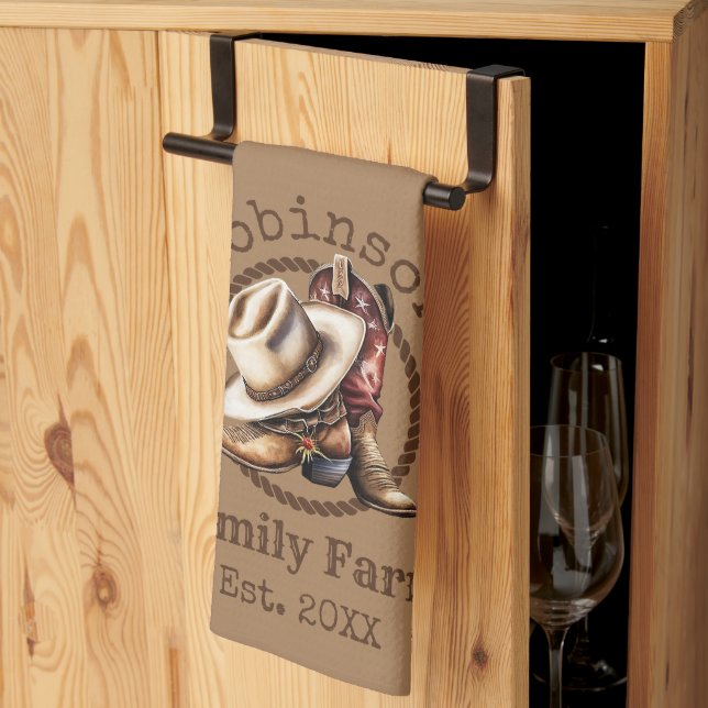 Custom Family Farm Western Cowboy Boots Kitchen Towel (Thirds Fold)