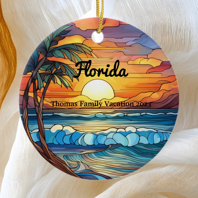 Custom Family Florida Trip Faux Stained Glass Ceramic Ornament (Creator Uploaded)