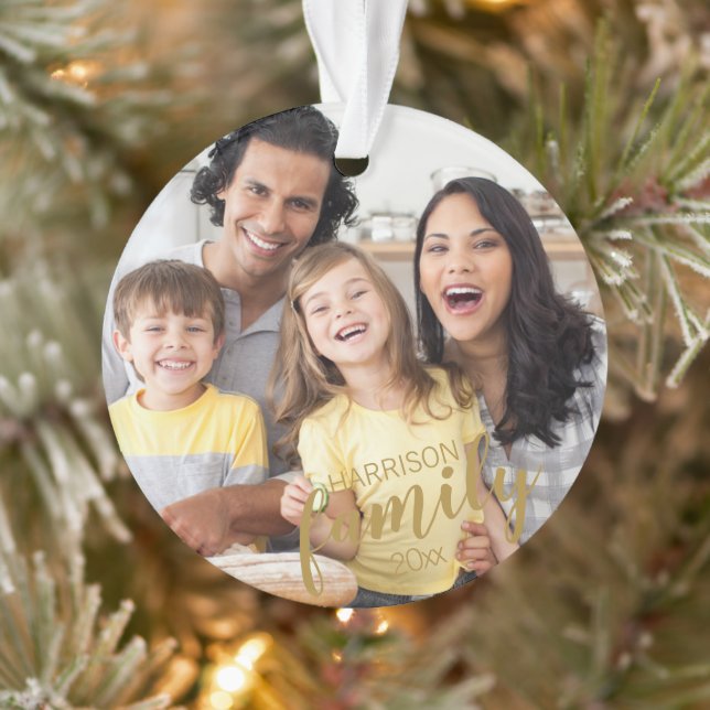 Custom FAMILY Gold Script 2 Photo Keepsake Ornamen Ornament (Tree)