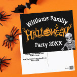 Custom Family Halloween Annual Party Skeleton Postcard<br><div class="desc">Cool custom annual family Halloween party invitation postcard that features a creepy skeleton hanging over spooky orange and black text and an awesome Jack O Lantern. Customize with your big bash information for all of your guests.</div>