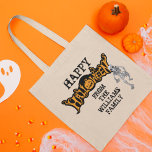 Custom Family Halloween Annual Party Skeleton Tote Bag<br><div class="desc">Cool custom annual family Halloween party tote bag that features a creepy skeleton hanging over spooky orange and black text and an awesome Jack O Lantern. Customize these trick or treat bags with your big bash information for all of your guests.</div>