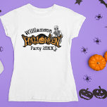 Custom Family Halloween Party Skeleton Women's T-Shirt<br><div class="desc">Cool custom annual family Halloween party women's t-shirt that features a creepy skeleton hanging over spooky orange and black text and an awesome Jack O Lantern. Customize with your big bash information for all of your guests.</div>