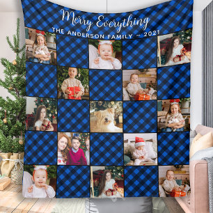 Custom Family Holiday Blue Patchwork Plaid Photo Fleece Blanket