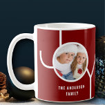 Custom Family Holiday Christmas Photo Maroon Coffee Mug<br><div class="desc">This stylish Christmas Holiday mug is decorated with the word JOY on a burgundy maroon background.
Easily customizable with your photo and name.</div>