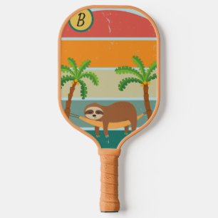 Custom Family Initial Retro Sloth Sunset Pickleball Paddle