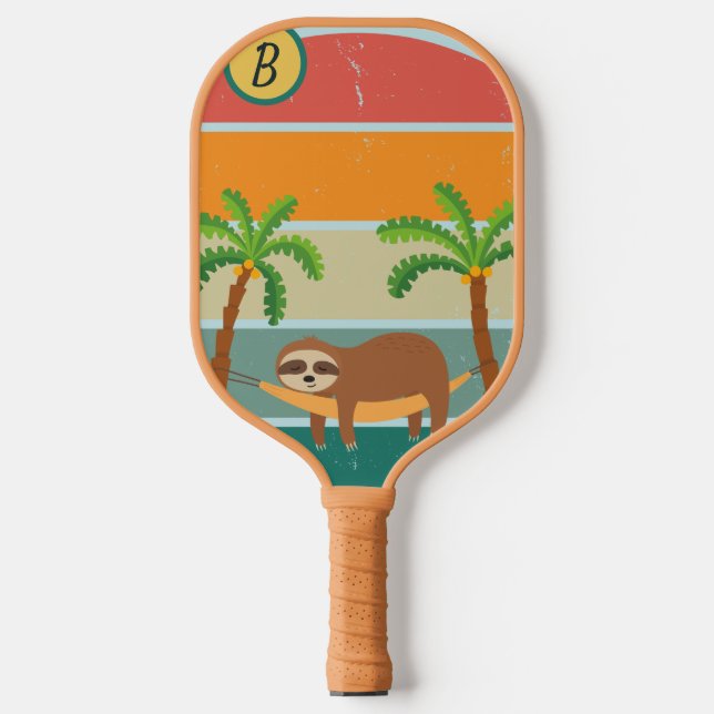 Custom Family Initial Retro Sloth Sunset Pickleball Paddle (Front)