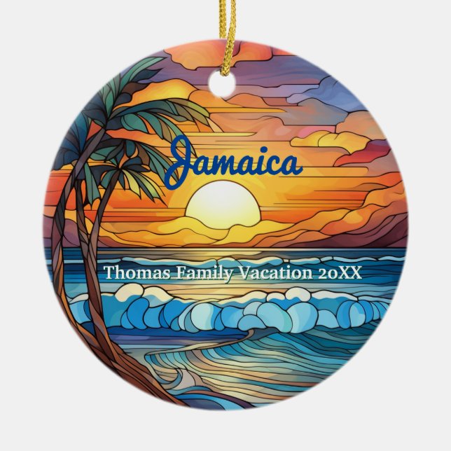 Custom Family Jamaica Trip Faux Stained Glass Ceramic Ornament (Front)