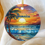 Custom Family Jamaica Trip Faux Stained Glass Ceramic Ornament<br><div class="desc">Cute personalizable tropical Trip souvenir.

Customization:
Change Caption and year to make it unique.</div>
