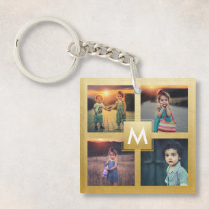 Custom Family Kids Photo Collage Gold Monogram Keychain