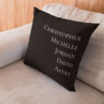 Custom Family Member Names Black White Modern type Throw Pillow<br><div class="desc">Add a personal touch to your home decor with this Custom Family Member Names Black & White Modern Type Accent Pillow. Featuring a sleek minimalist design in classic black and white, this pillow is the perfect way to showcase the names of your loved ones in a stylish, modern font. Ideal...</div>