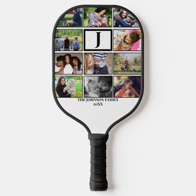 Custom Family Monogram 11 Photo Collage Pickleball Paddle (Front)