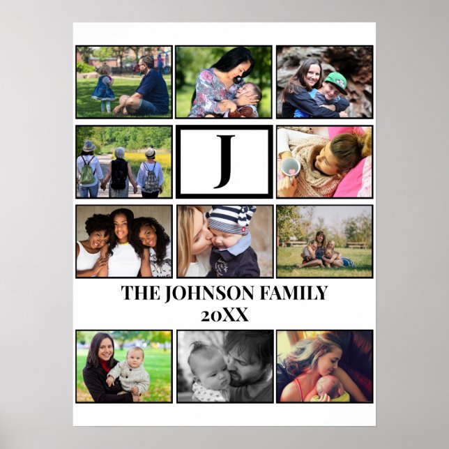 Custom Family Monogram 11 Photo Collage Poster (Front)